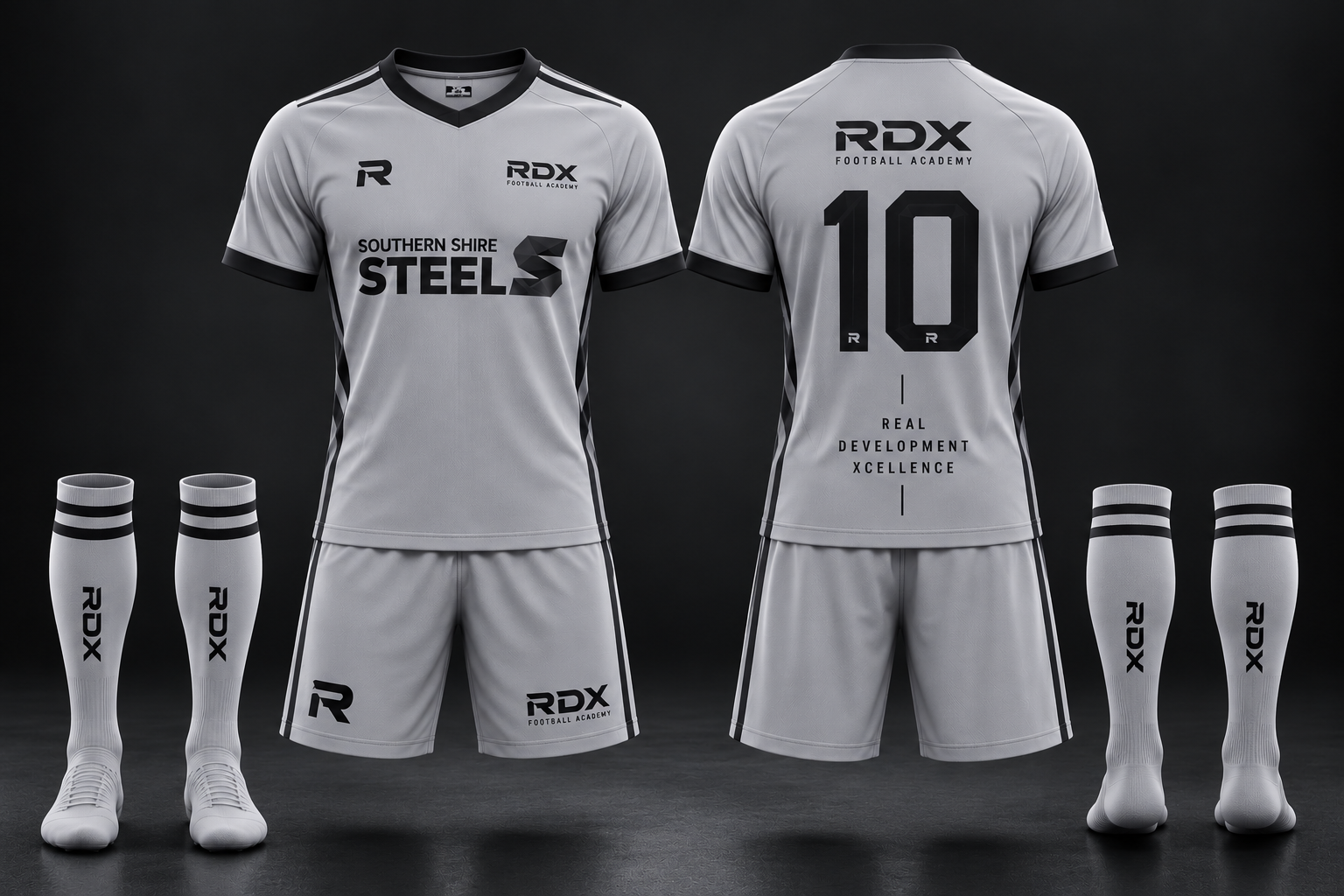RDX grey football kit showing shirt, shorts and socks, with matching shorts and socks